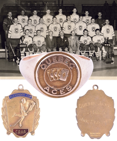 Joe Croziers 1951-52 QSHL Quebec Aces Alexander Cup Championship 10K Gold Ring Plus Medal From Family