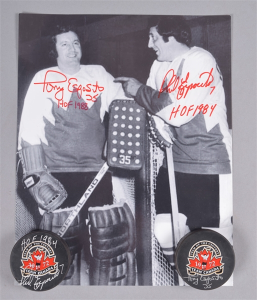 Tony and Phil Esposito 1972 Summit Series Signed Photo and Pucks (2) with LOA
