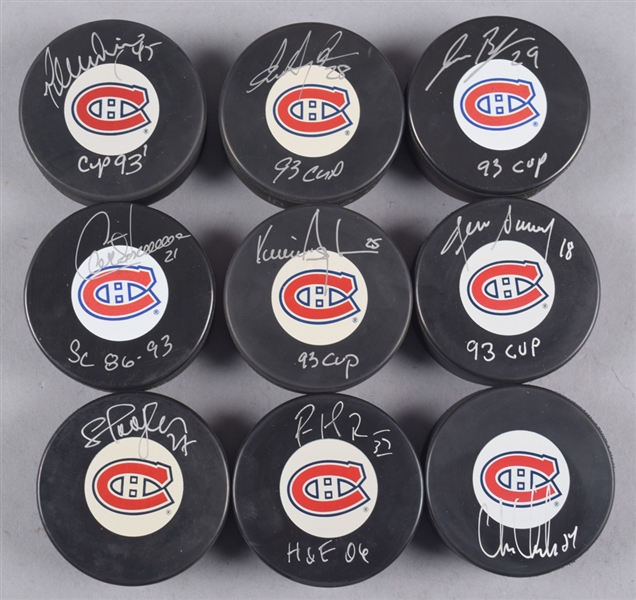 Montreal Canadiens 1993 Stanley Cup Champions Signed Puck Collection of 9 Including Hall of Fame Members Roy, Savard and Chris Chelios with LOA