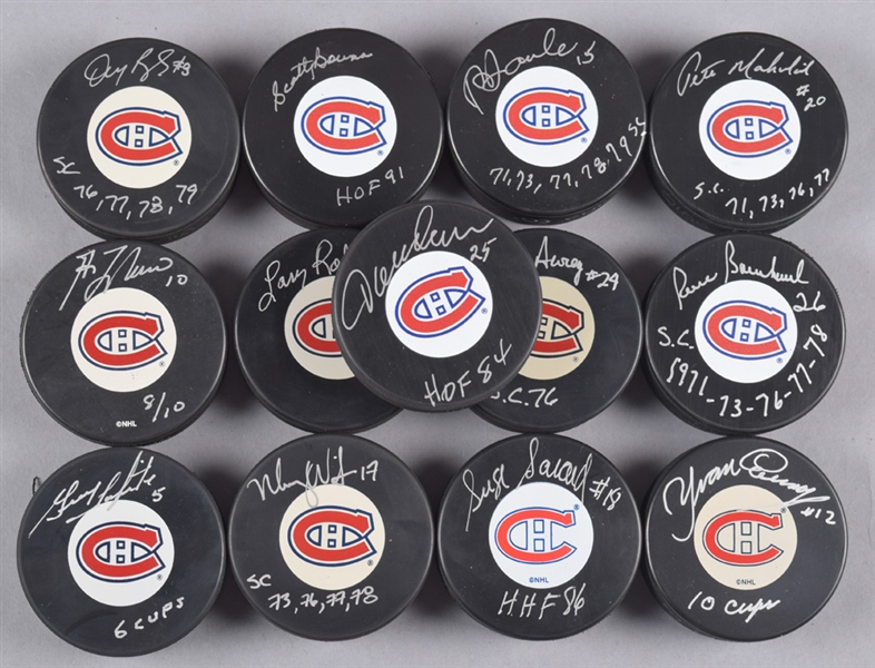 Montreal Canadiens 1976 Stanley Cup Champions Signed Puck Collection of 13 with 7 Hall of Fame Members Including Lafleur, Cournoyer, Lapointe and Robinson - LOA