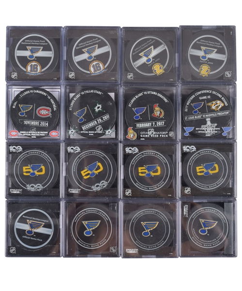 St. Louis Blues Modern Official NHL Game Puck Collection of 560 Including Playoffs Pucks, Specialty Pucks and Much More!