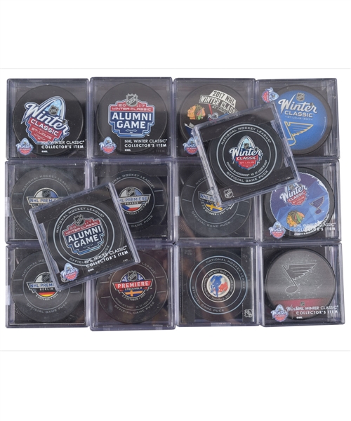 Modern Official NHL Game Puck Collection of 129 Including Winter Classic, Playoffs, NHL Premiere and Others Plus 164 NHL Souvenir Pucks