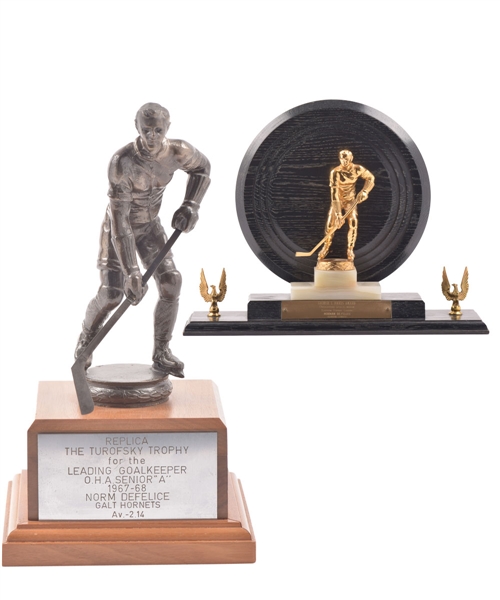 Norm Defelices 1958-59 EHL Outstanding Goalie Trophy (Clinton Comets) Plus 1967-68 OHA Senior A Leading Goaltender Trophy (Galt Hornets)