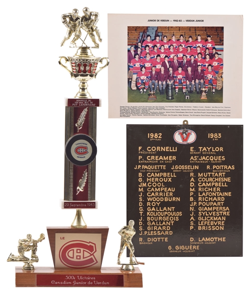 Verdun Juniors QMJHL 1982-83 Pat LaFontaine 104th Goal Trophy, Team Photo and Dressing Room Plaque