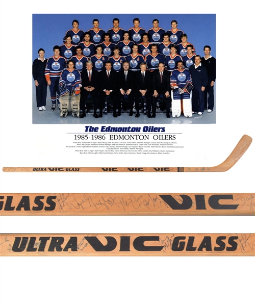 Edmonton Oilers 1985-86 Team-Signed Stick by 20+ Including Wayne Gretzky and Mark Messier