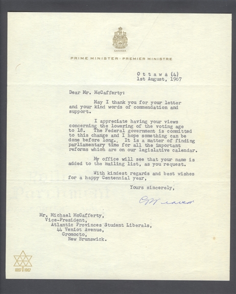 Canadian Prime Minister Lester B. Pearson Signed Letter on Prime Minister Letterhead 