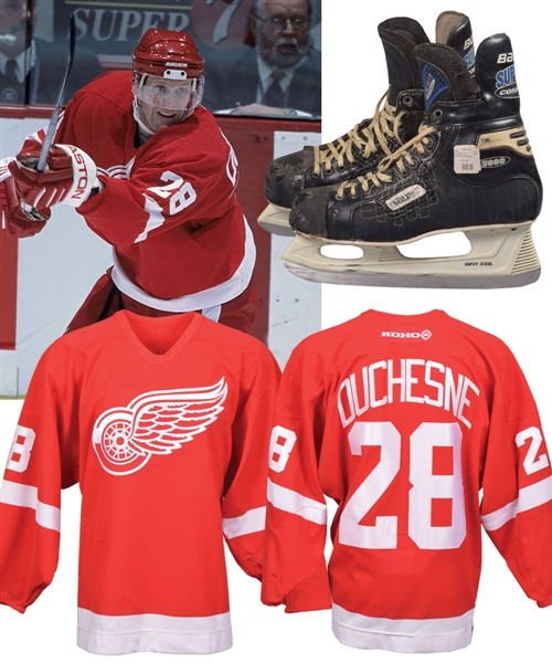 Steve Duchesnes 2001-02 Detroit Red Wings Game-Worn Jersey with Team Repairs Plus Bauer Game-Used Skates