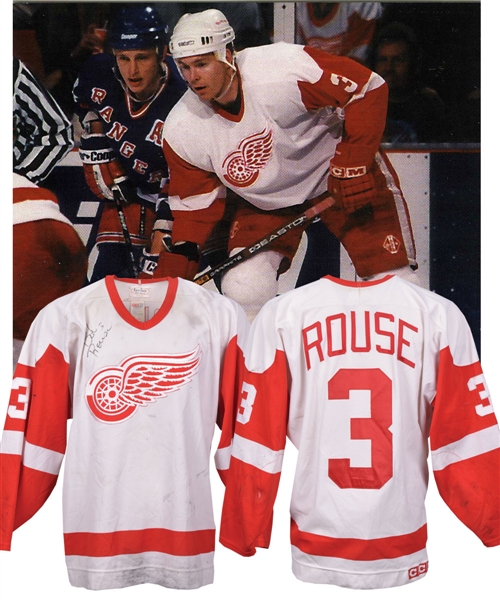 Bob Rouses 1995-96 Detroit Red Wings Signed Game-Worn Jersey - Team Repairs! - Photo-Matched!