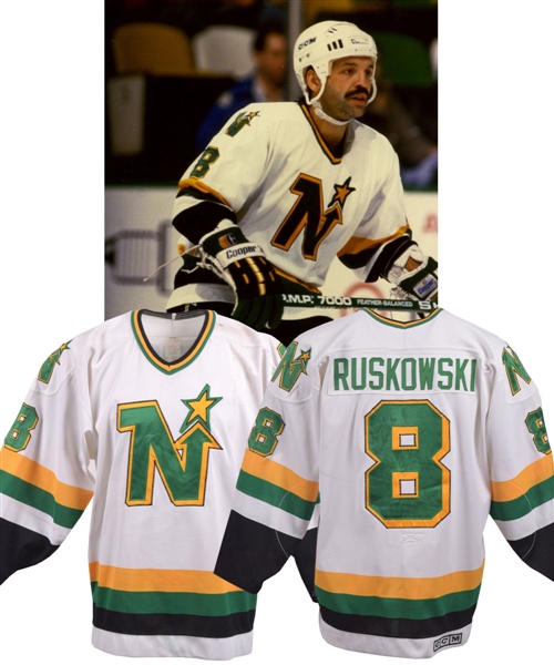 Terry Ruskowskis 1988-89 Minnesota North Stars Signed Game-Worn Jersey - Team Repairs!