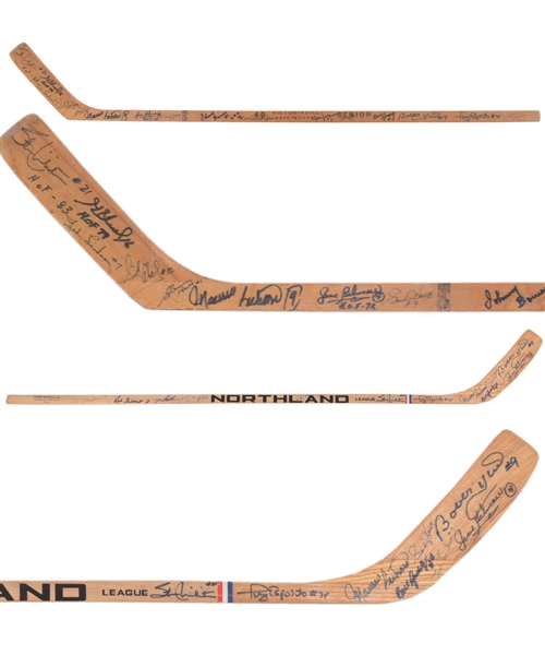 Vintage Hockey Sticks (2) Multi-Signed by HOFers Including Howe, Abel, Lindsay, Rocket Richard, Geoffrion, Beliveau and Others with JSA LOAs