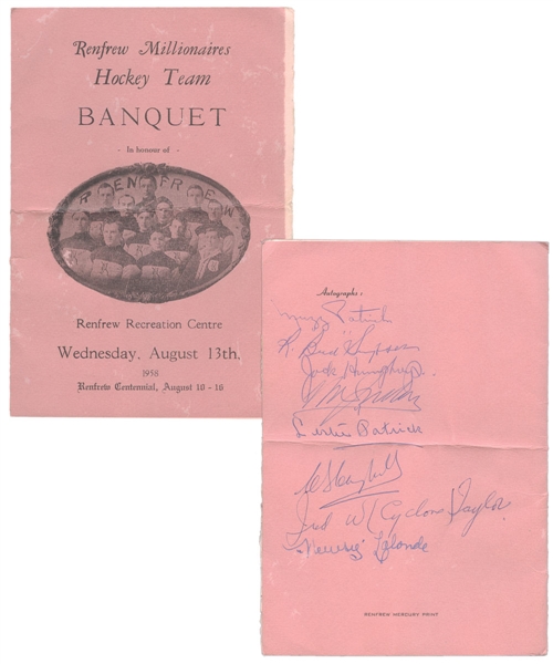 1910 Renfrew Millionaires Multi-Signed 1958 Reunion Banquet Program Including Deceased HOFers Patrick, Taylor and Lalonde