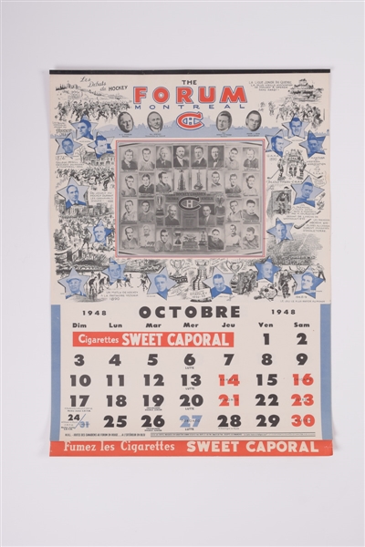 Montreal Canadiens 1948-49 Sweet Caporal Complete Hockey Calendar (17 ½” x 24 ½”) 