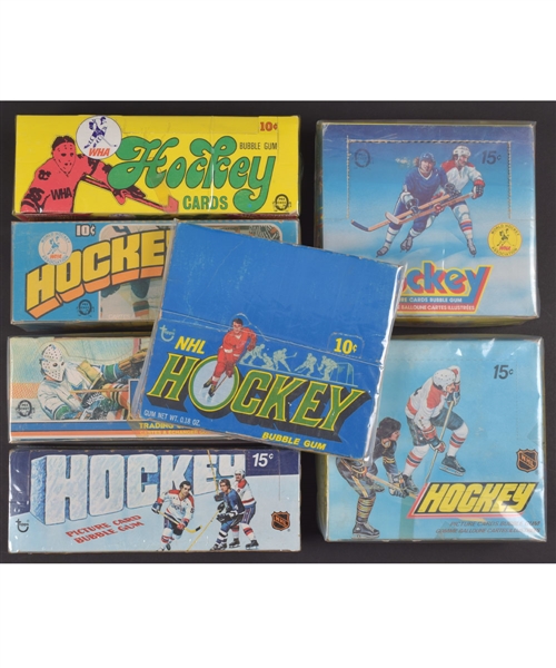 1970s Topps, O-Pee-Chee and O-Pee-Chee WHA Hockey Card Display Box Collection of 8