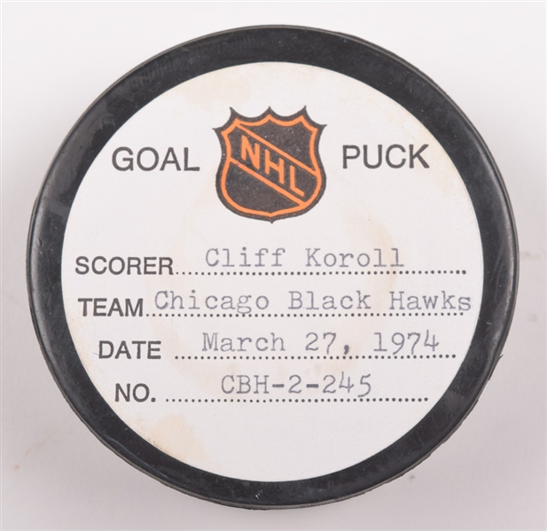 Cliff Korolls Chicago Black Hawks March 27th 1974 Goal Puck from the NHL Goal Puck Program - 20th Goal of Season / Career Goal #109