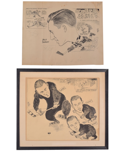 Milt Schmidts Vintage Boston Bruins Original Newspapers/Publications Artworks (3) by Sports Cartoonists Gene Mack and Bob Coyne with LOA