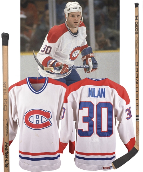 Chris Nilans Mid-1980s Montreal Canadiens Game-Worn Jersey with Numerous Team Repairs and 1980-81 Game-Used Rookie-Era Sher-Wood Stick