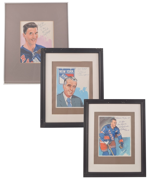 Carleton "Mac" McDiarmid Signed New York Rangers HOFers Framed Original Artwork Collection of 3 - Bathgate, Howell and Jennings