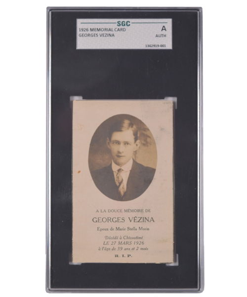 Montreal Canadiens Legend Georges Vezina 1926 Memorial Card with Photo - SGC-Graded Authentic