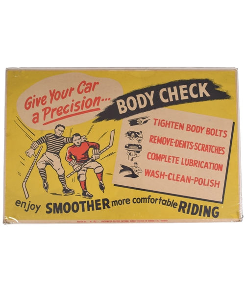 Vintage 1940s/1950s Canadian "Body Check" Hockey-Themed Advertising Sign (25" x 38") 