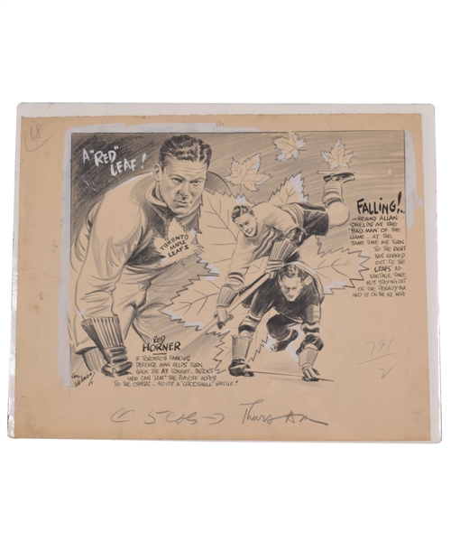 Red Horner 1930s Toronto Maple Leafs Original Published Artwork (15" x 18 1/2")