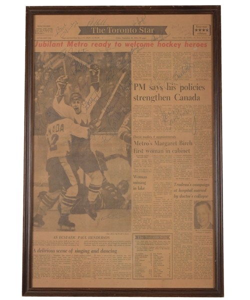 1972 Canada-Russia Series Team Canada Team-Signed September 29th 1972 Toronto Star Newspaper Henderson Series-Winning Goal Cover Framed Display
