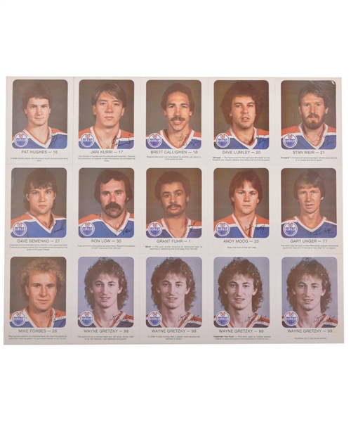 Edmonton Oilers 1981-82 Red Rooster Uncut Sheet Including Wayne Gretzky "Long Hair" Cards (4)