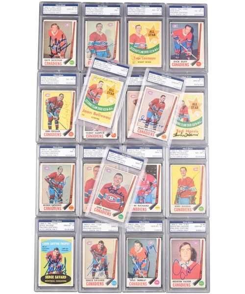 Montreal Canadiens 1969-70 O-Pee-Chee PSA/DNA Certified Signed Hockey Card Collection of 19 (9 HOFers) Plus Beliveau 1993 Stanley Cup Centennial Signed Pieces (2)