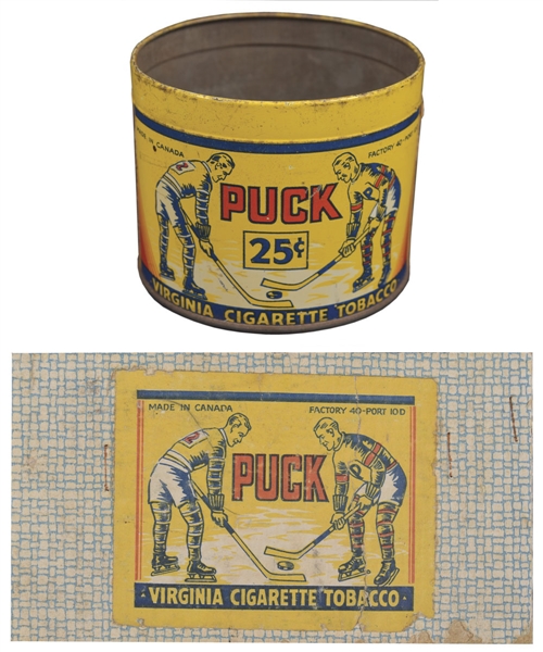 Vintage Circa 1920s "Puck" Cigarette Tobacco Can with Hockey Graphics Plus Box Label and 1932 Art Ross Telegram