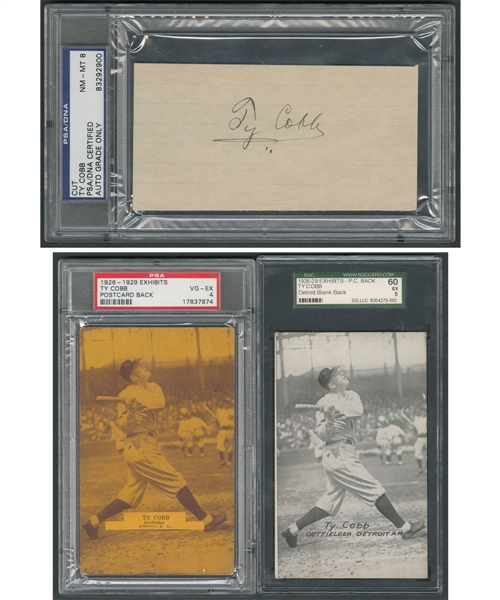 Deceased HOFer Ty Cobb PSA-Graded Signed Cut Plus 1926-63 Graded Baseball Cards/Postcards (4)