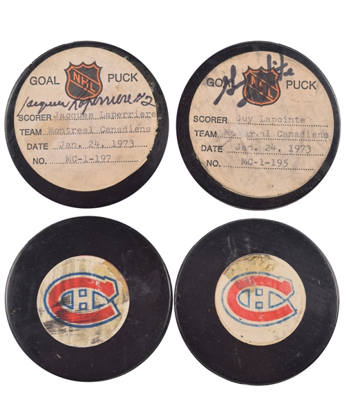 Guy Lapointes and Jacques Laperrieres Montreal Canadiens Signed 1972-73 Goal Pucks (2) from the NHL Goal Puck Program