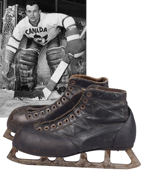 Denis Brodeurs 1956 Winter Olympics Team Canada Game-Used Skates with Family LOA
