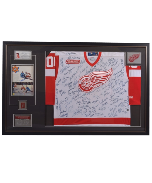 Detroit Red Wings All-Time Greats Signed Jersey and Pictures Framed Display by 75+ Including Howe, Abel, Lindsay, Gadsby, Delvecchio, Bergman, Mahovlich and Others (35” x 55 ½”) - SGC Authenticated 