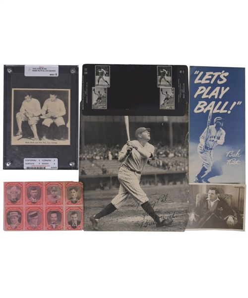 Vintage Babe Ruth Card and Memorabilia Collection of 8 Including 1929 Exhibits Star Picture and 1930 Conlin #95 Card