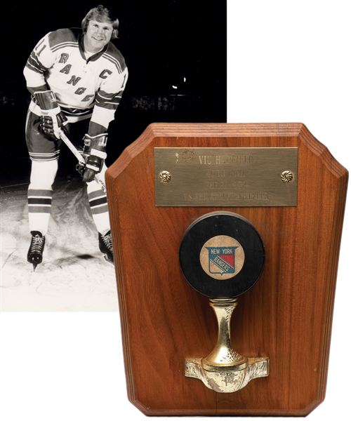 Vic Hadfields New York Rangers February 23rd 1972 "40th Goal of Season" Goal Puck with His Signed LOA (9” x 11”) 