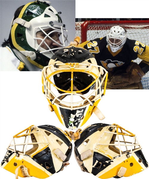 Gilles Meloches 1980-85 Minnesota North Stars, 1982 Team Canada and 1985-86 Pittsburgh Penguins Game-Worn Fiberglass and Cage Rob Harris Goalie Mask with Rob Harris LOA - Photo-Matched! 