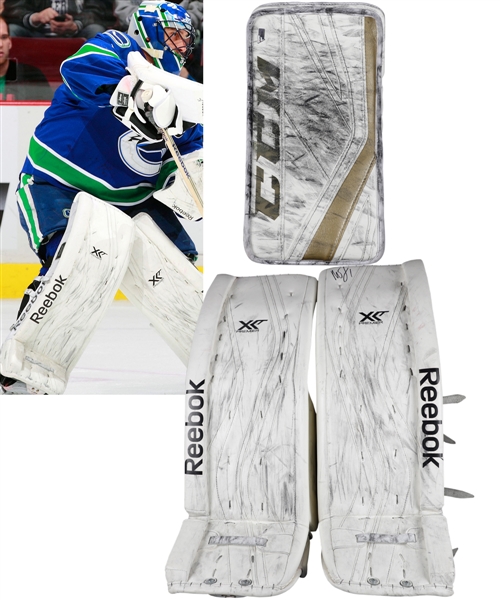 Roberto Luongos 2013-14 Vancouver Canucks / Team Canada Winter Olympics Reebok Photo-Matched Game-Worn Pads Plus 2018-19 Panthers Game-Used CCM Blocker