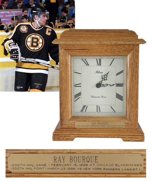 Ray Bourques 1995-96 Boston Bruins "1200th NHL Game" and "1300th NHL Point" Presentational Clock with His Signed LOA (10 ½”)