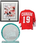 Paul Hendersons 1972 Canada-Russia Series 25th Anniversary Team Canada Team-Signed Jersey, Henderson Signed "Goal of the Century" Framed Lithograph, Trophy and Other Items with His Signed LOA