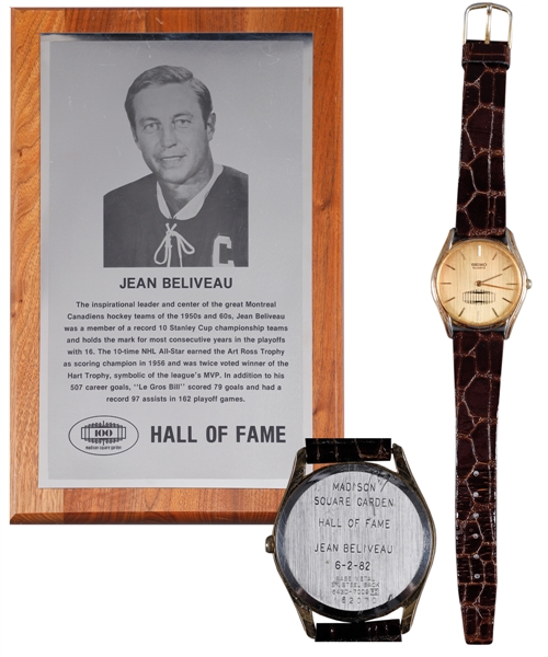 Jean Beliveaus 1982 Madison Square Garden Hall of Fame Induction Plaque and Watch with His Signed LOA