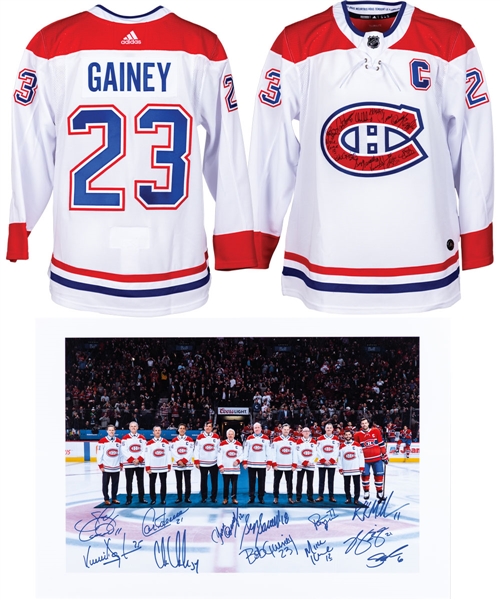 Bob Gaineys December 4th 2019 Montreal Canadiens "Captains Night" Former Captains Multi-Signed Event-Worn Jersey and Multi-Signed Photo from His Personal Collection with His Signed LOA