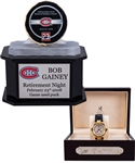 Bob Gaineys February 23rd 2008 Montreal Canadiens Jersey Retirement Night Collection Including Presentational Birks Watch and Game-Used Puck Display from His Personal Collection with His Signed LOA
