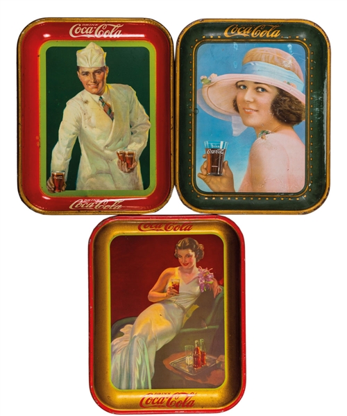 Vintage 1921-27 Coca-Cola Serving Tray Collection of 5 Including 1921 "Summer Girl", 1927 "Soda Jerk" and 1937 Canadian "Hostess Girl"