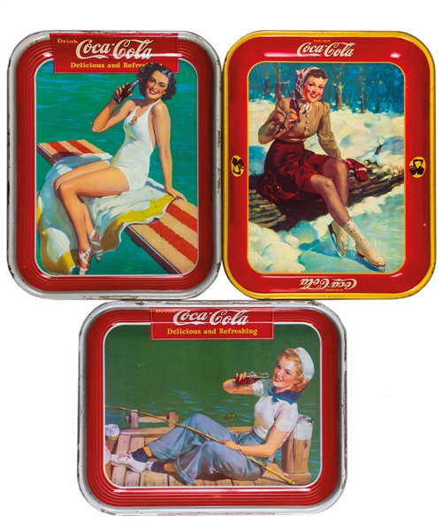 Vintage 1938-61 Coca-Cola Serving Tray Collection of 8 Including 1939 "Springboard Girl", 1940 "Fishing Girl" and 1941 "Skating Girl"