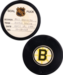 Phil Esposito’s Boston Bruins April 18th 1974 Playoff Goal Puck from the NHL Goal Puck Program - Season Playoff Goal #2 of 9 / Career Playoff Goal #39 of 61 - Assisted by Bobby Orr
