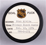 Stan Mikita’s Chicago Black Hawks February 10th 1974 Goal Puck from the NHL Goal Puck Program - Season Goal #18 of 30 / Career Goal #419 of 541 - 2nd Goal of Hat Trick - Short-Handed Goal