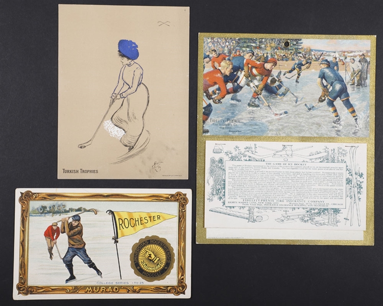 1902 Turkish Trophies Hockey Girl Card, 1910-11 Murad Rochester Hockey Premium Card and 1919 Hockey-Themed Calendar
