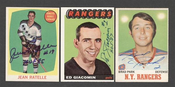 1954-55 to 1970-71 Topps/O-Pee-Chee Hockey New York Rangers Signed Rookie Card Collection of 8 Including HOFers Jean Ratelle, Ed Giacomin, Emile Francis and Brad Park