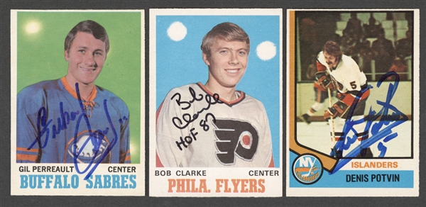 1970-71 O-Pee-Chee Hockey #195 HOFer Bobby Clarke, 1970-71 O-Pee-Chee Hockey #131 HOFer Gilbert Perreault and 1974-75 O-Pee-Chee Hockey #195 HOFer Denis Potvin Signed Rookie Cards