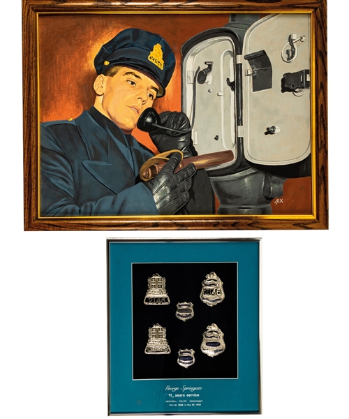 George Springates 1958-69 Montreal Police Department Collection Including Police Badges, Billy Club, Handcuffs, Photos and Tex Coulter Oil Painting with Family LOA