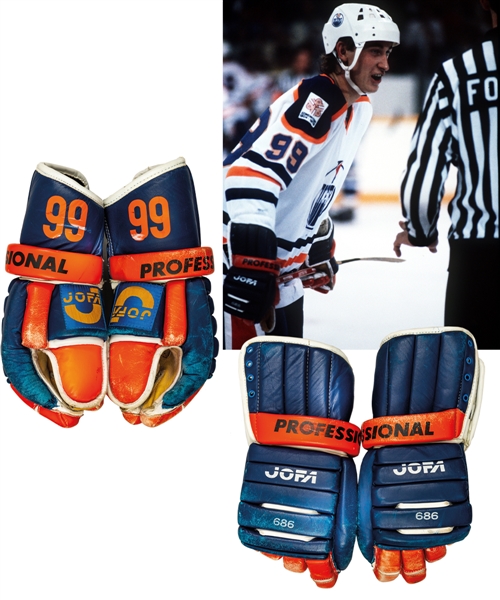 Vintage Late-1970s/Early-1980s Edmonton Oilers Jofa 686 Professional Game-Worn Gloves Customized with Gretzkys Number "99" on Cuffs with Shawn Chaulk LOA